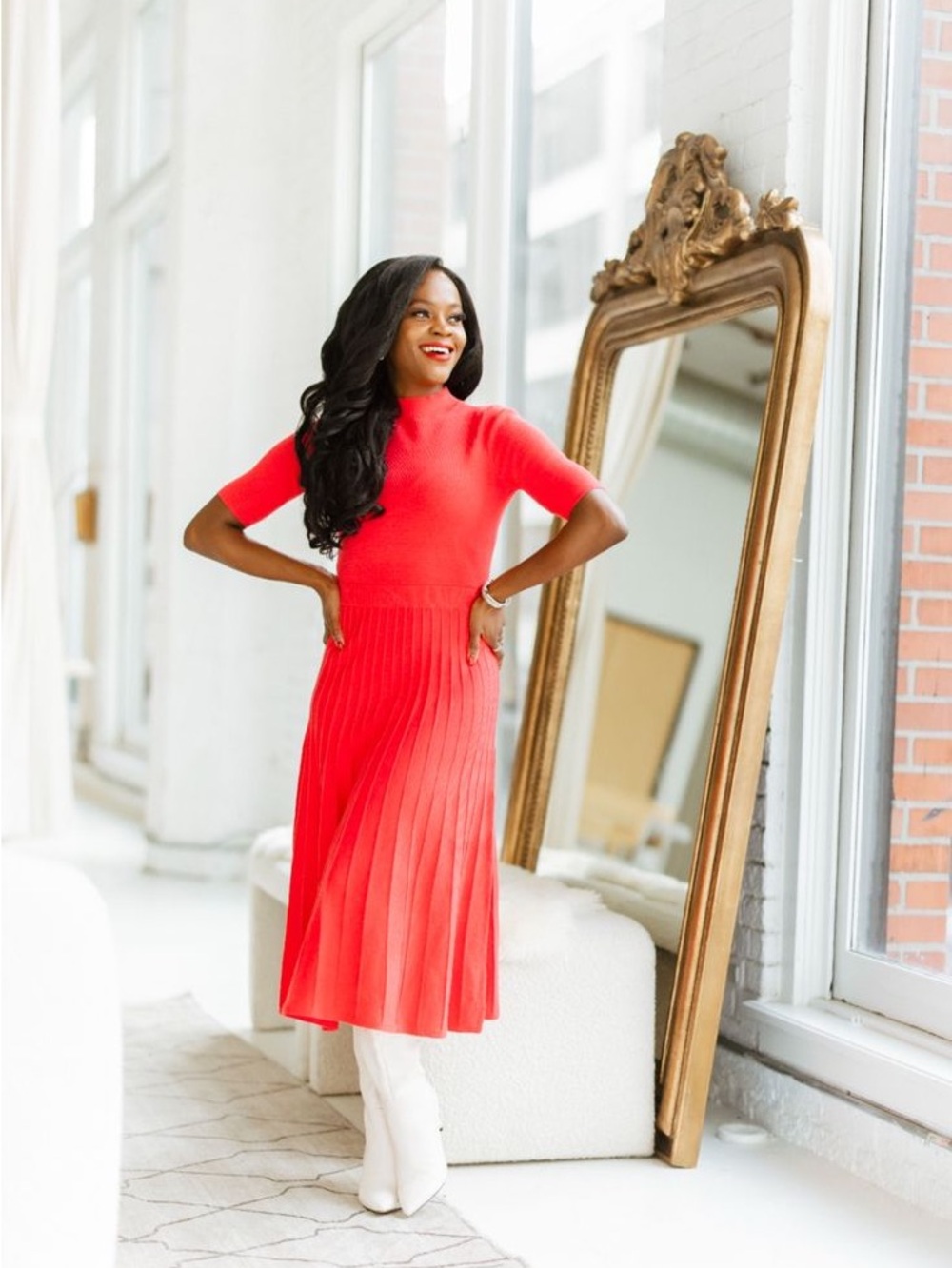 Ann Taylor Coral Red Pleated Midi Dress